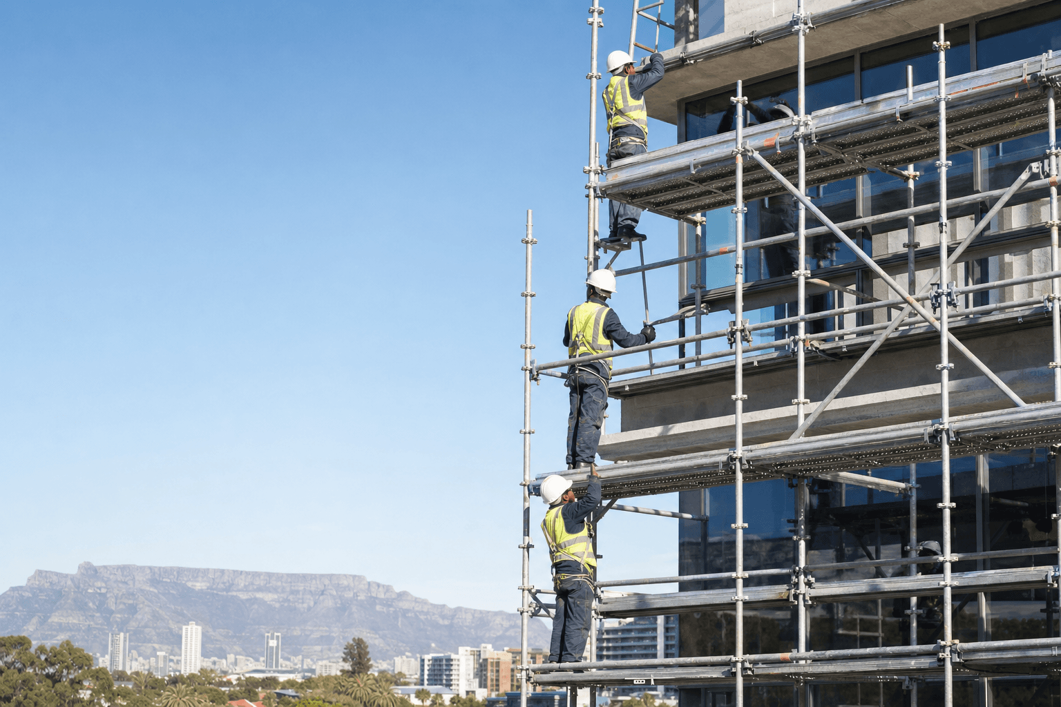 Scaffolders working on access scaffolding against a Cape Town skyline