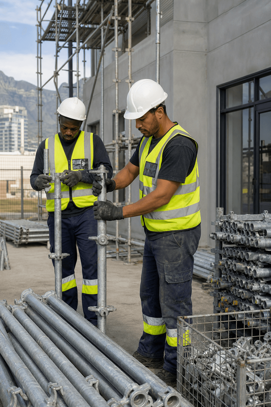 Scaffold team preparing components at a Cape Town building site